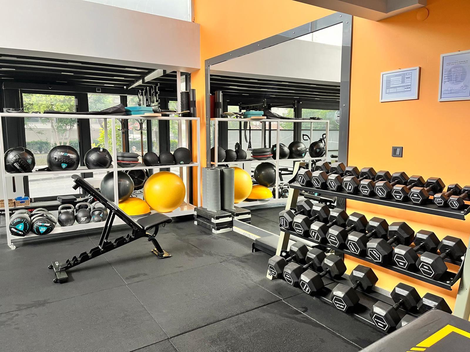 Stage Private Training salonu: dambıl rafı, ekipman rafı ve ayna